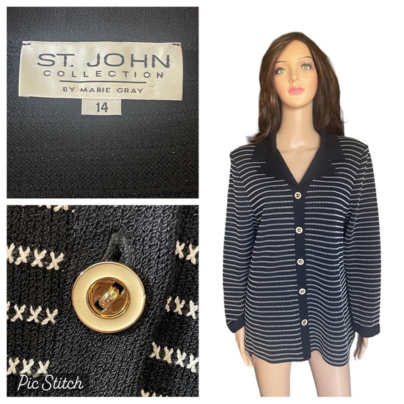 St. John collection black/White cardigan large jacket size 14 - Picture 1 of 10